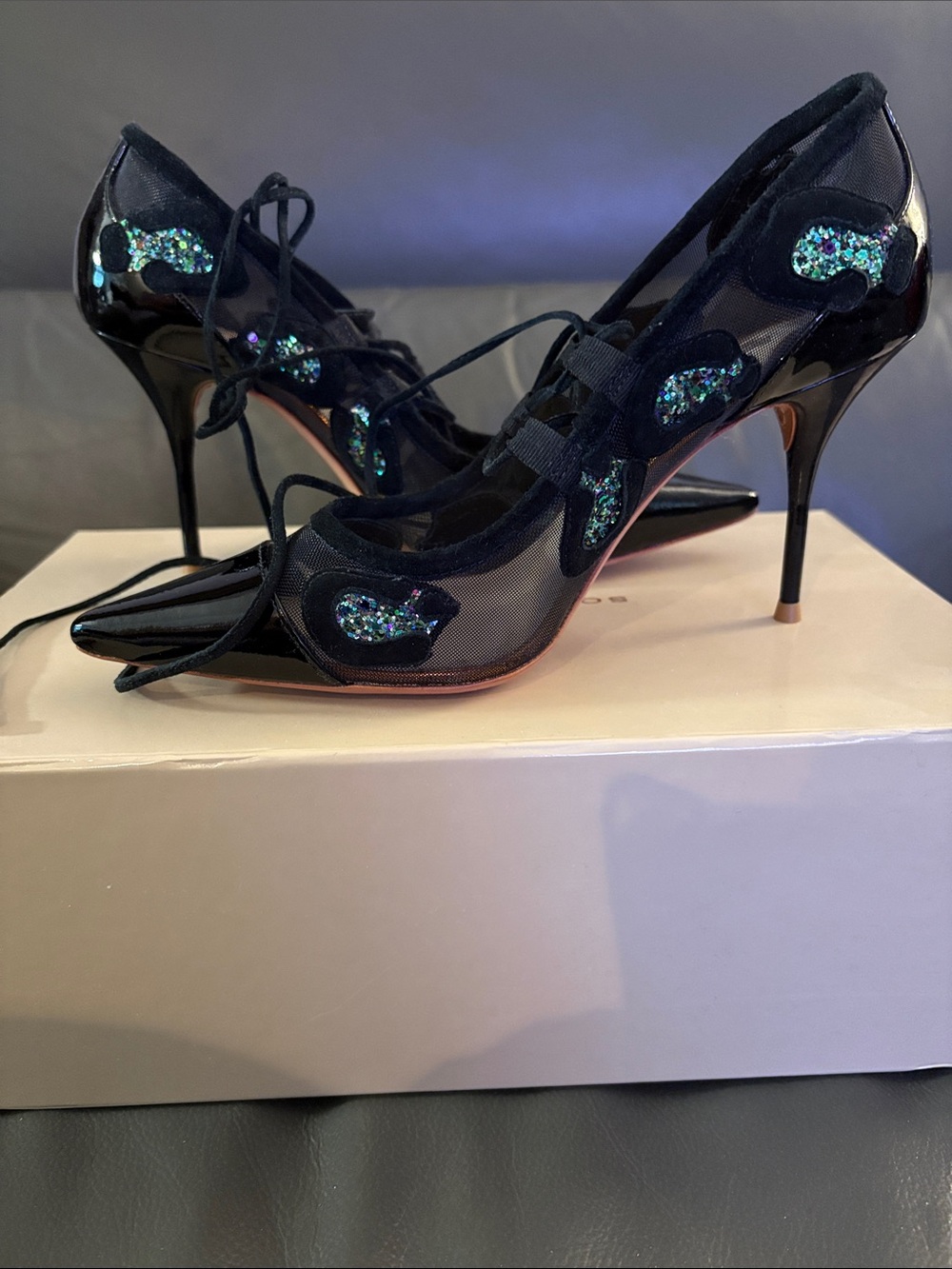 Sophia Webster Black Lace-Up Mesh Pointed-Toe Stilettos w/ Teal Sequin Leopard
